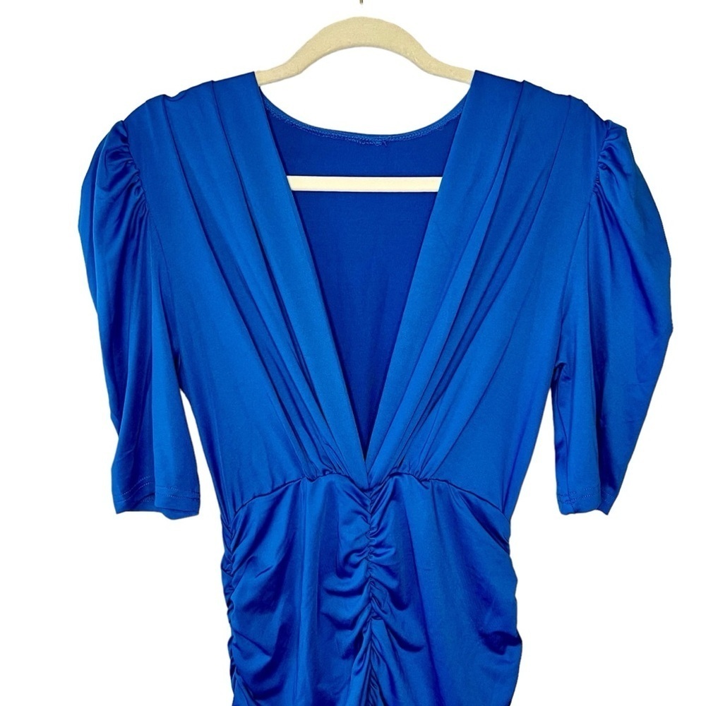 NWT Blue Sexy Ruched Dress with V-Neck - Picture 6 of 11